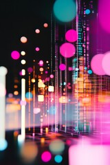 Poster - A vibrant abstract background featuring colorful lights and dynamic patterns, showcasing glowing dots and lines that create a lively and modern digital atmosphere.