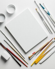 Poster - Minimalist Creative Workspace Artistic Productivity and Design Skills Essentials - Contemporary Art Studio Flat Lay with Premium Painting Tools and Blank Canvas