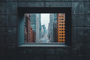 Poster - Discover a stunning urban cityscape framed by a sleek modern window, showcasing mesmerizing architecture and vibrant city streets bustling with activity.