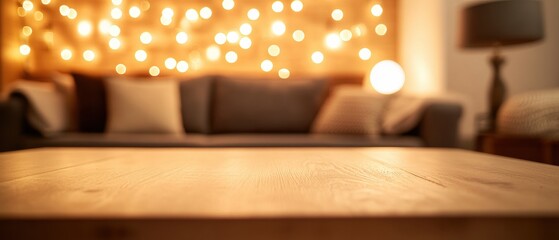 Poster - Hygge-Inspired Warm Ambient Wooden Surface Soft Bokeh Lighting for Cozy Product and Minimalist Home Styling Trends