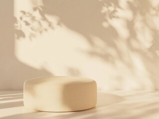 Aufkleber - Minimalist Neutrals Soft Beige Round Ottoman in Golden Light - Contemporary Interior Design Trend for Mindful Living Spaces