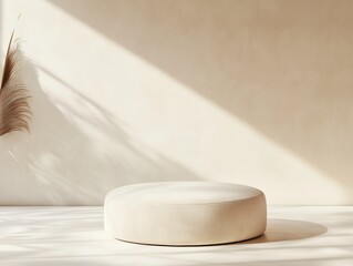 Poster - Minimalist Zen Podium Sculptural Beige Ottoman in Soft Natural Light - Contemporary Product for Elegant Lifestyle Branding