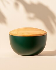 Poster - Eco-Conscious Culinary Design Minimalist Forest Green Ceramic Food Storage with Sustainable Bamboo Lid - Modern Zero-Waste Kitchen Innovation