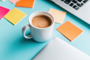 Leinwandbilder - Minimalist AI Workspace Innovation Digital Nomads Productivity Landscape with Color-Coded Brainstorming Notes and Artisan Coffee Moment