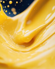 Poster - Captivating close up of vibrant yellow liquid splash against a deep blue background in a dynamic studio shot