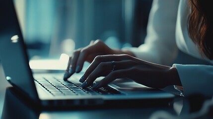 Poster - Close-Up of Businesswoman's Hands Working on Laptop in Modern Office