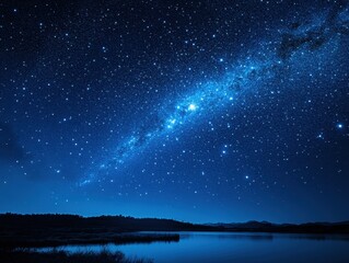 Wall Mural - serene nightscape majestic milky way galaxy shines above tranquil lake reflecting stars in dark blue