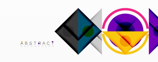 Poster - Abstract geometric composition with intersecting triangles, circles, and gradients, creating a dynamic layered pattern with depth and contrast