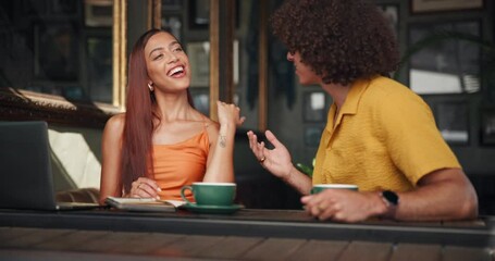 Poster - Students, coffee shop and people on laptop talking for studying together, group project and university. Cafeteria, restaurant and man and woman in conversation, flirting and social chat on break