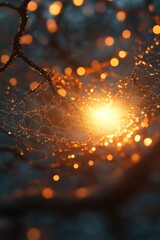 Poster - This captivating image features a delicate web illuminated by a warm glow, surrounded by enchanting bokeh effects, creating a tranquil and mystical atmosphere.