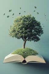 Poster - A stunning visual of a tree emerging from an open book, symbolizing the harmony between nature and knowledge. Ideal for themes of growth and inspiration.