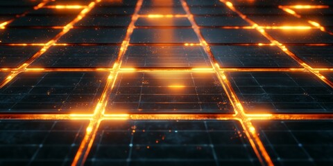 Poster - A mesmerizing image featuring a glowing grid pattern with vibrant neon lights against a dark background, perfect for technology and abstract themes.