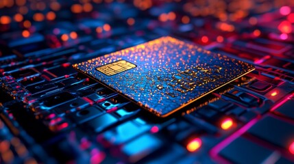 Poster - A futuristic bank payment technology is represented by a digital wireframe credit card, incorporating financial polygon transaction design and an electronic money hologram