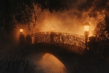 Poster - A captivating view of a bridge enveloped in fog, adorned with glowing lanterns, creating a dreamlike and enchanting atmosphere at night.