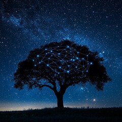 Poster - Stunning starry night scene featuring a silhouetted tree with a luminous star network. Captures the beauty and serenity of nature intertwined with cosmic visualization.