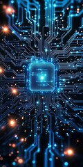 Poster - An abstract image showcasing a futuristic circuit board with glowing blue lights. It highlights the intersection of technology and design in a vibrant digital space.