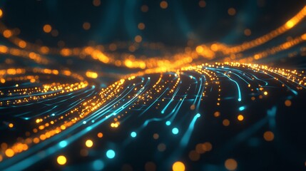 Poster - Experience a mesmerizing visual of luminous blue and orange particles flowing through a dynamic digital landscape, evoking feelings of creativity and innovation.