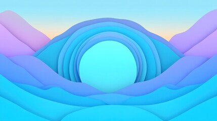 Poster - Serene Blue Papercut Landscape Circular Centerpiece Pastel Mountains
