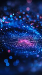 Poster - A blue and purple swirl of light and dark blue and purple dots. The swirl is a representation of a fingerprint