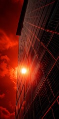 Poster - Modern Skyscraper Glass Facade Reflecting Sunlight at Sunset