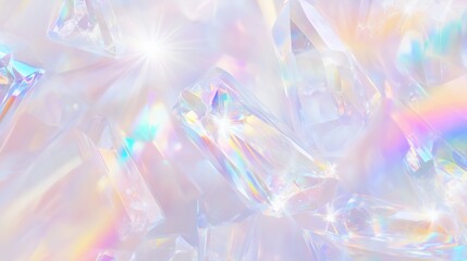 Fototapete - Holographic background with iridescent crystal shapes and pastel rainbow colors, featuring ethereal light effects and a dreamy, magical atmosphere. High-resolution, hyper-realistic and super-detailed 
