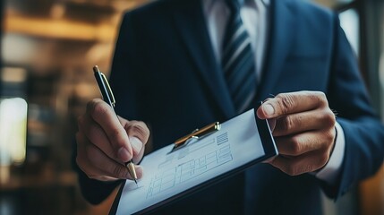 Poster - Businessman Using Document Icon on Virtual Screen in Modern Office