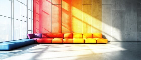Poster - Modern interior with colorful sofa against textured wall and large window casting sunlight creating a vibrant and inviting atmosphere in a spacious room