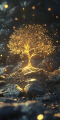 Poster - A stunning glowing tree stands amidst dark rocks, radiating golden particles and light. This visually captivating scene evokes feelings of magic, tranquility, and beauty.