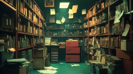 Poster - In a filthy and cluttered warehouse, no one is present as boxes and packages tumble from shelves, creating a scene of indoor chaos amidst a vast inventory stored on racks