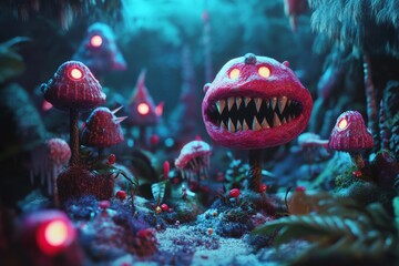 Poster - Explore a whimsical fantasy scene filled with colorful creatures and glowing flora. This imaginative landscape invites curiosity and wonder.