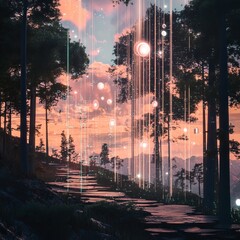 Poster - Experience a surreal landscape where technology meets nature, featuring vibrant colors and interconnected IoT elements illuminating the serene environment.