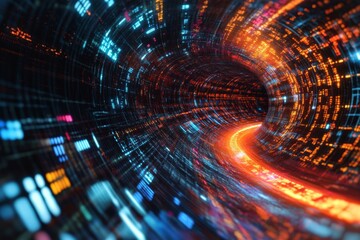 Poster - a colorful, swirling tunnel with a bright orange light at the end. the tunnel is filled with a varie