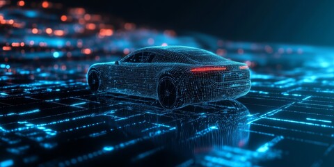 Poster - This image showcases a futuristic digital car rendered in wireframe, set against a glowing technological landscape, reflecting innovation and modern transport concepts.