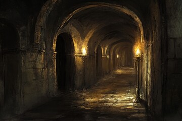 Poster - Explore a mysterious underground passage illuminated by flickering torchlight, creating an eerie atmosphere with shadows and stone textures.