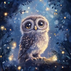 A cute owl is sitting on a rock in a forest at night