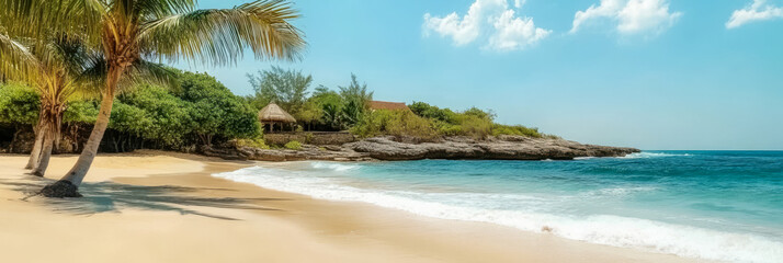 Fototapete - Serene beach view with palm trees and gentle waves on a sunny day in paradise