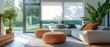 © Duskcraft - Bright Living Room with Modern Sofa Poufs and Natural Light Streaming Through Large Windows Creates a Serene Indoor Ambiance