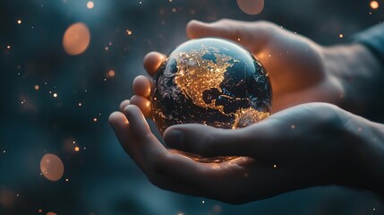 Poster - Global Business Concept with Hands Holding Illuminated Earth Sphere