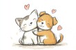 © Cloudyew - A cat and a dog are hugging each other with hearts on their chests. Concept of love and affection between the two animals