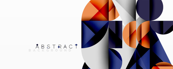 Poster - Abstract geometric design with intersecting circles, triangles, squares and sharp angles creating a layered composition with gradients, depth, and contrast