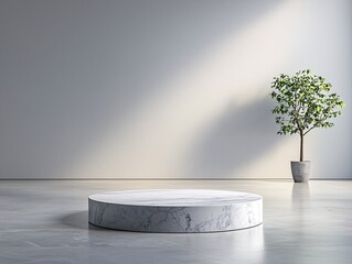 Poster - classic 3D podium space, circular stage, marble texture, warm ambient lighting, luxury presentation setting, balanced composition, subtle shadows, high-quality rendering, no logo, no watermark