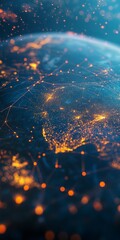Poster - A captivating view of Earth showcasing a vibrant network of connections. Bright lights represent data flow across continents, illustrating technology's impact on communication.