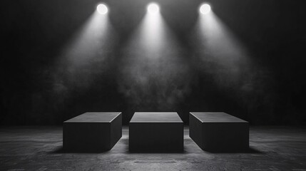 Poster - sleek matte black 3D podium, dramatic spotlight effect, professional studio setup, elegant monochrome style, high-end product showcase, clean background, no branding, no watermark