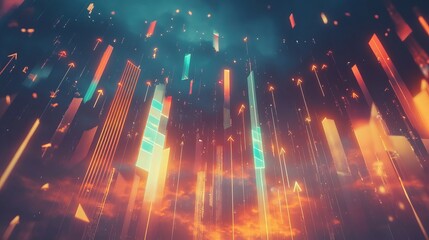 Poster - this abstract digital artwork showcases a futuristic cityscape with vibrant light trails rising amon
