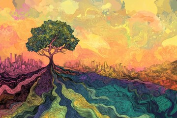 Poster - Vibrant Tree with Colorful Roots Against Abstract Landscape