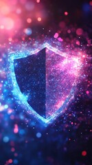 Poster - This vibrant digital shield artwork features sparkling particles and bokeh effects, creating a strong sense of protection and security in a modern design.