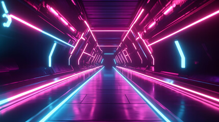 Poster - Futuristic tunnel illuminated by vibrant neon lights for high tech and sci-fi design