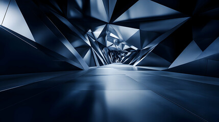 Poster - Abstract Tunnel with Metallic Triangular Shapes and Reflected Light creates futuristic design