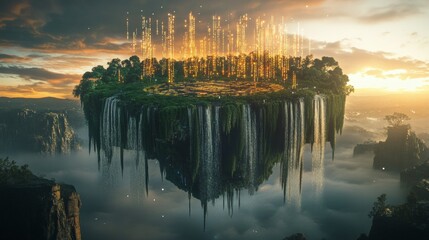 Poster - Floating Island Surrounded by Waterfalls and Clouds in a Dreamlike Fantasy Landscape