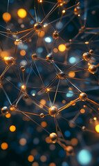 Poster - Complex Interconnected Network of Golden Spheres with Glowing Light Points Abstract Structure